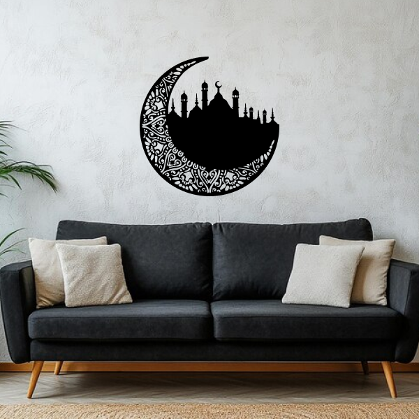 Ramadan Islamic Wall Art | Elegant Islamic Wooden Décor | Mosque & Crescent Moon Wall Hanging | Spiritual Ramadan & Eid Home Decoration