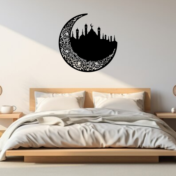 Ramadan Islamic Wall Art | Elegant Islamic Wooden Décor | Mosque & Crescent Moon Wall Hanging | Spiritual Ramadan & Eid Home Decoration