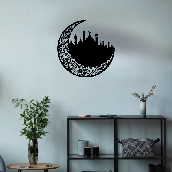 Ramadan Islamic Wall Art | Elegant Islamic Wooden Décor | Mosque & Crescent Moon Wall Hanging | Spiritual Ramadan & Eid Home Decoration