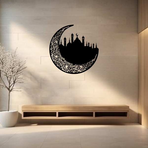 Ramadan Islamic Wall Art | Elegant Islamic Wooden Décor | Mosque & Crescent Moon Wall Hanging | Spiritual Ramadan & Eid Home Decoration