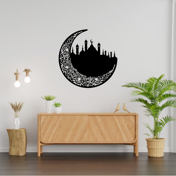 Ramadan Islamic Wall Art | Elegant Islamic Wooden Décor | Mosque & Crescent Moon Wall Hanging | Spiritual Ramadan & Eid Home Decoration