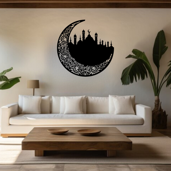 Ramadan Islamic Wall Art | Elegant Islamic Wooden Décor | Mosque & Crescent Moon Wall Hanging | Spiritual Ramadan & Eid Home Decoration