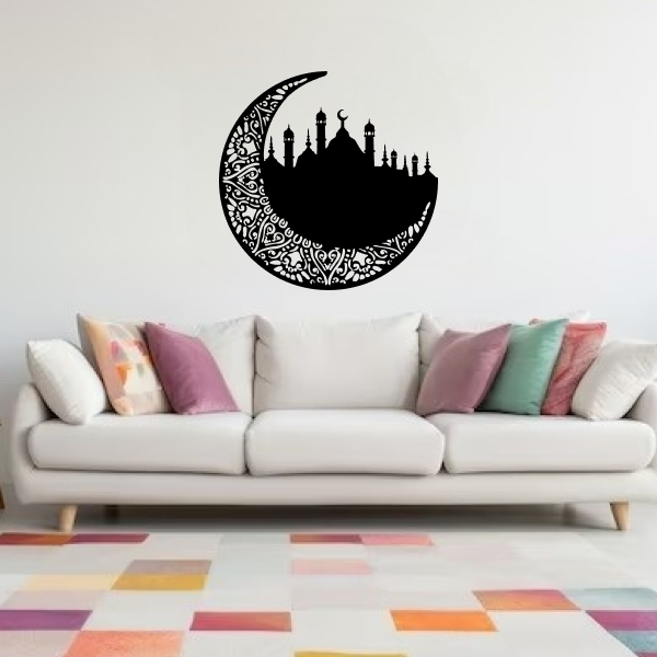 Ramadan Islamic Wall Art | Elegant Islamic Wooden Décor | Mosque & Crescent Moon Wall Hanging | Spiritual Ramadan & Eid Home Decoration