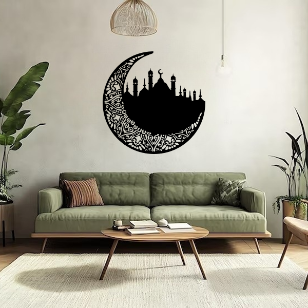 Ramadan Islamic Wall Art | Elegant Islamic Wooden Décor | Mosque & Crescent Moon Wall Hanging | Spiritual Ramadan & Eid Home Decoration