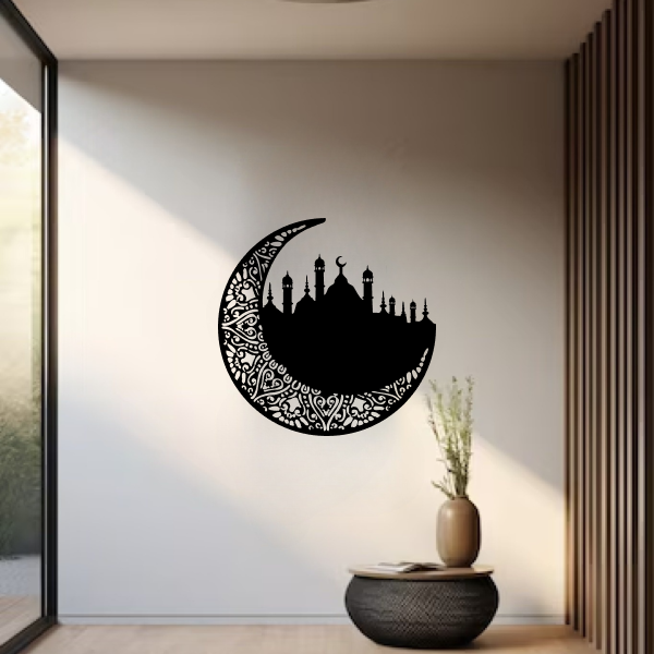 Ramadan Islamic Wall Art | Elegant Islamic Wooden Décor | Mosque & Crescent Moon Wall Hanging | Spiritual Ramadan & Eid Home Decoration